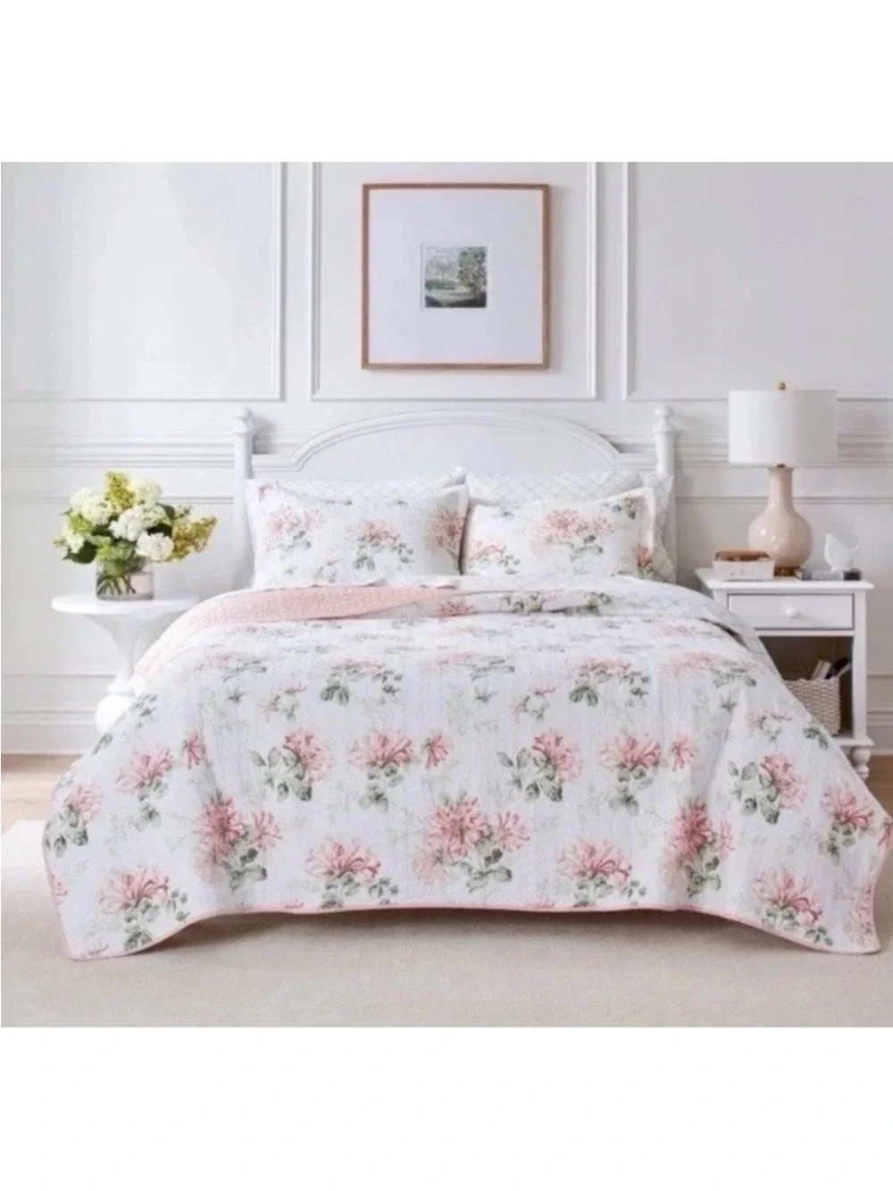 Laura Ashley FULL/QUEEN Honeysuckle Pink Floral Reversible Quilt Set Floral 3PC